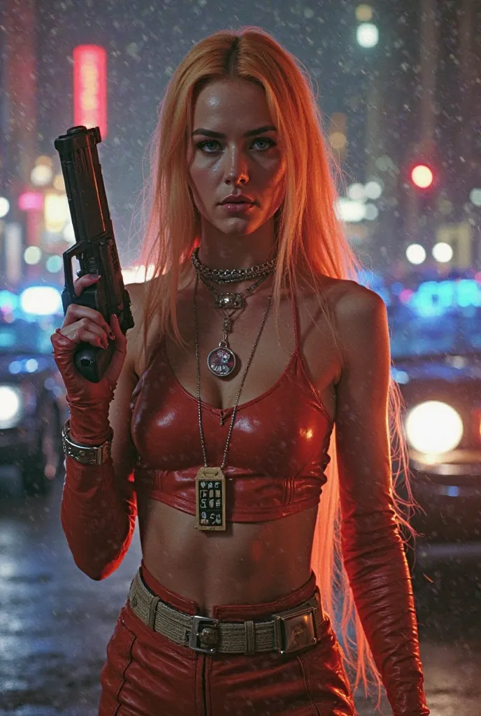 Generate Lila from a movie "The fifth element " 1997 directed by Luc Besson. Standing against the background of flying police cars and the city of the future. The pleasant colors of that time, The color scheme. Leela has a fantastic gun in his hand , in th...