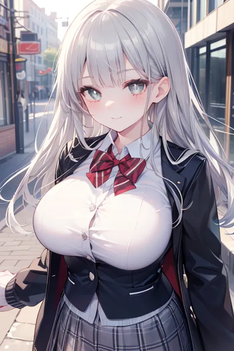 ((masterpiece, best quality, highres, UHD, perfect pixel, depth of field)), (smooth CG, photorealistic:1.1, realistic texture, detailed face), Rio, 1girl, big breasts, seductive, busty, smile, natural light, cinematic, silver hair, long hair, blunt bangs, ...