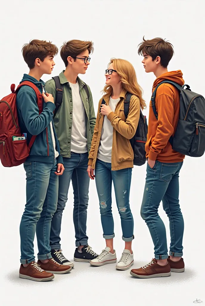 Imagine a group of five college students standing together, each with a college bag slung over their shoulder. There are three boys and two girls. One of the boys has a pair of glasses perched on his nose, giving him a studious vibe—maybe he’s the one alwa...