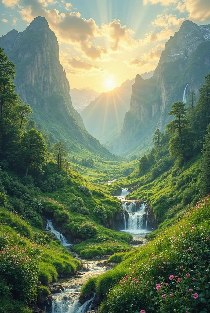 "A serene green valley, surrounded by towering mountains. Small waterfalls cascade down the slopes, filling the air with the gentle melody of flowing water. The ground is covered in soft grass, dotted with wildflowers whose delicate fragrance drifts with t...