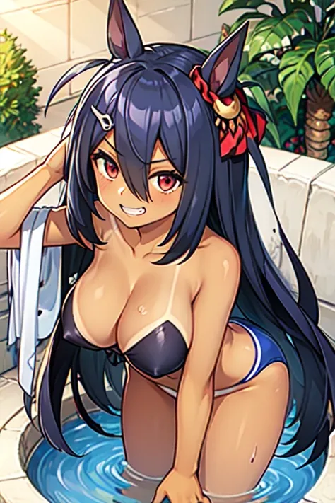 Hishi Amazon、One person、 girl 、best quality,  tan lines, tan, cleavage, smug,grin,sschool swimsuit