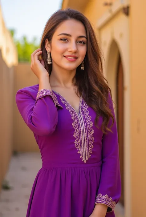 24 year girl in Indian village not modern village rural vibe wearing purple gujrati dress in hawa mahal jaipur in front of local people with smile on face showing real cuteness hand in hair with style giving pose 