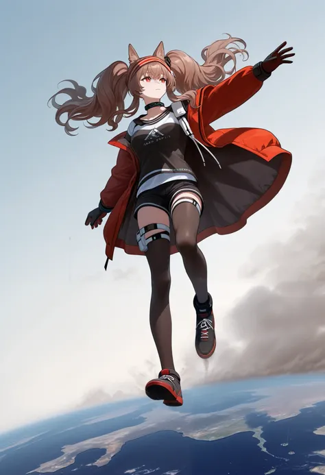 score_9, score_8_up , score_7_up , Angelina \(arknights\), 1girl , long hair, brown hair, twintails, sidelocks, red eyes, fox ears,giantess,woman bigger than Japan,Japan Map,Satellite imagery,,fullbody,Dust cloud, universe background,null,Landing after ju...