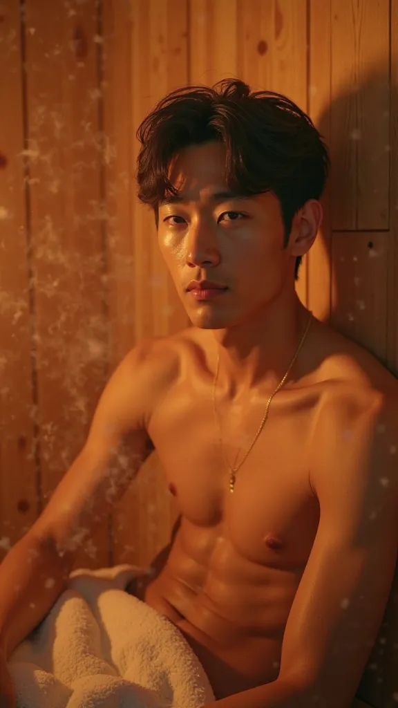 a wide angle zoomed out shot of a handsome korean man sitting in a sauna. He has a small towel on his lap, very revealing, detailed facial features, relaxed expression, steam rising, warm lighting, wooden sauna interior, high quality, 8k, photorealistic, p...