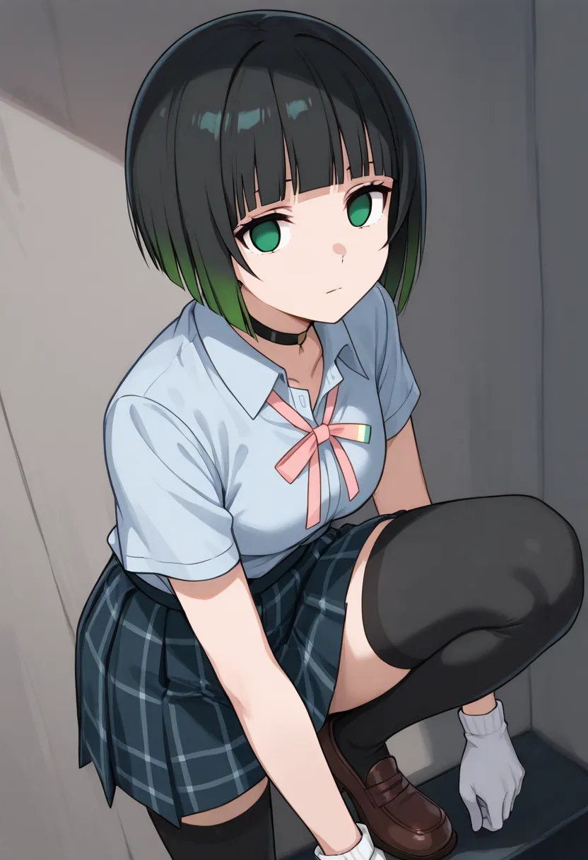 a cartoon girl wearing a school uniform is sitting down on one knee, 1girl, takasaki yuu, solo, nijigasaki academy school uniform, thighhighs, ,neutral, expressionless, standing, looking at viewer, (((((blunt cut, bob, blunt bangs, bob cut))))), wiry, glov...