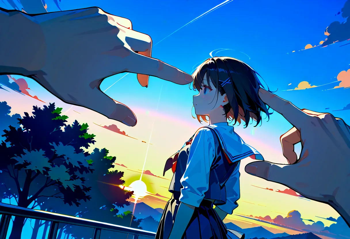 watercolor style, schoolgirl, Using the fingers of both hands to imagine the angle of view, ((finger frames)), Profile, elbows extended, high angle shot, Light_Orange, at dusk, cel anime, 