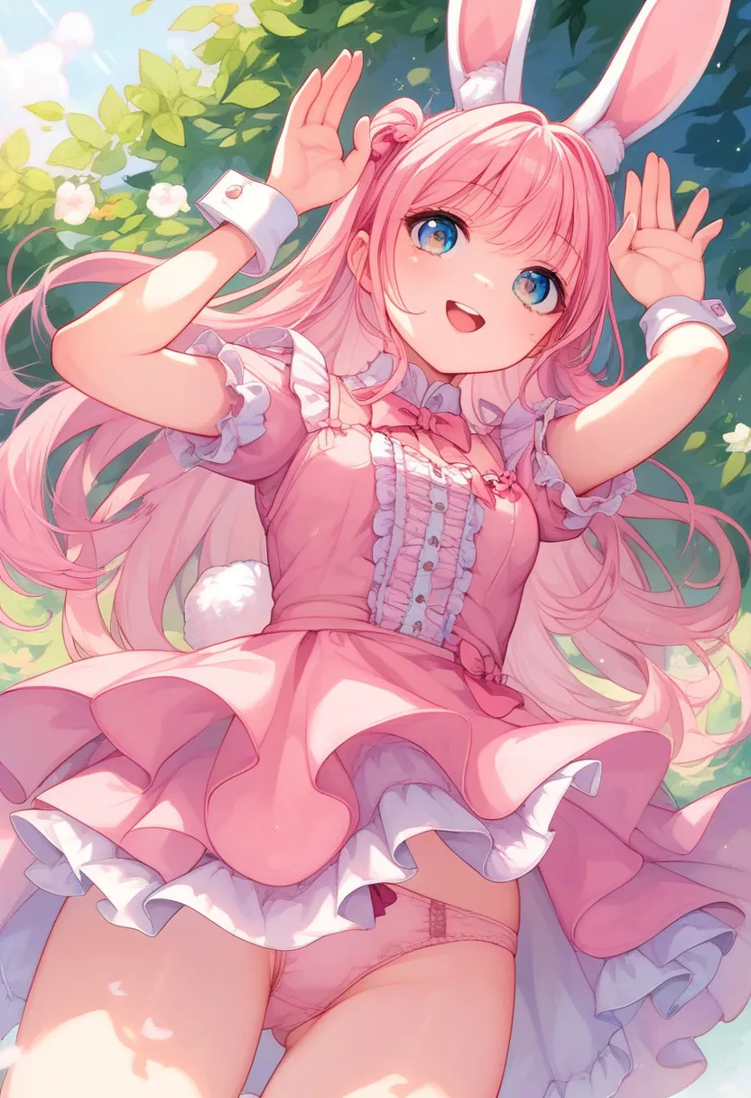 girl,pink hair,rabbit ear,rabbit tail,rabbit pose,smile,open mouth,frill dress,pink dress,looking up from below,pink panties