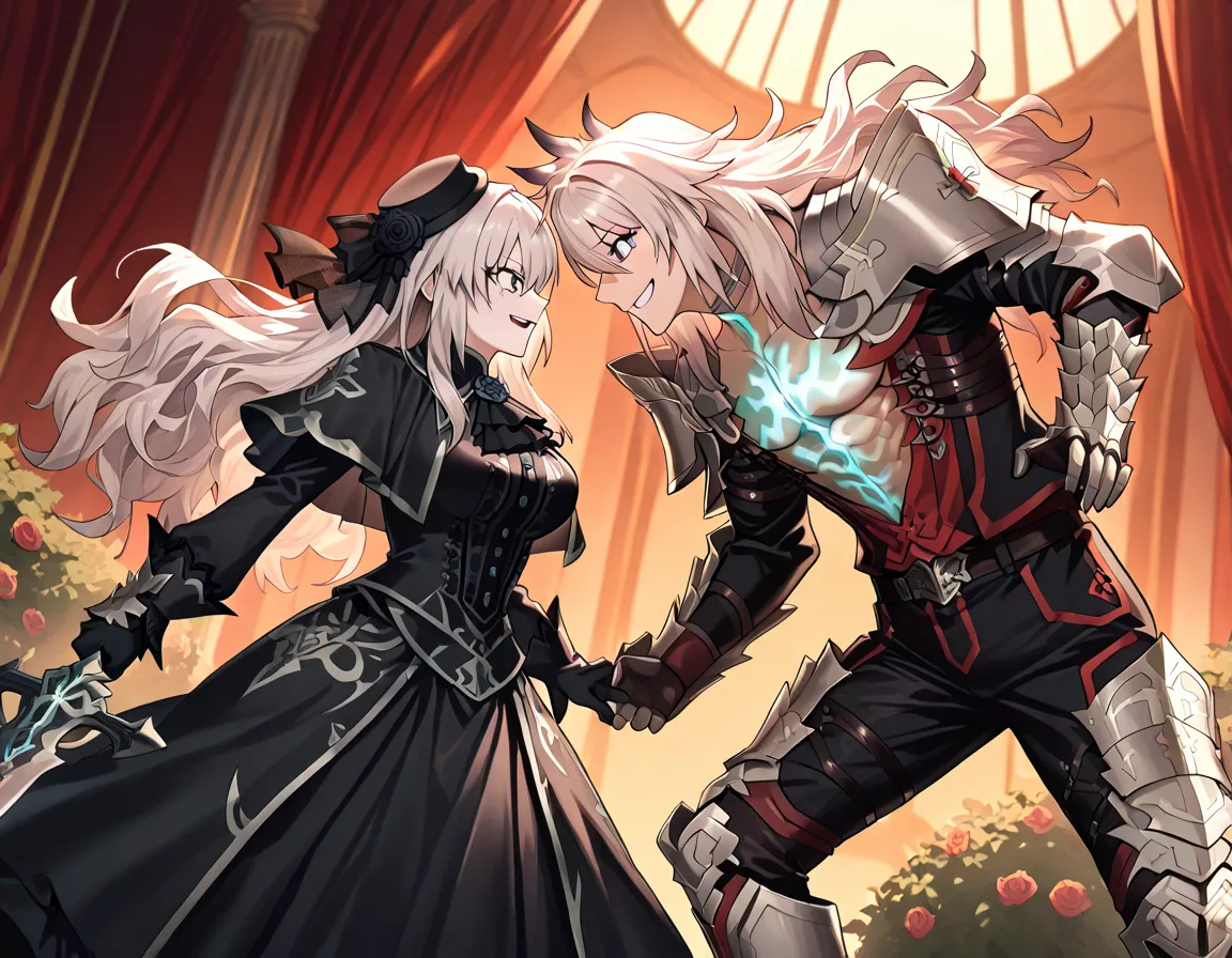 1girl, 1boy, face-to-face, sword confrontation, rose bush, clashing swords, 
BREAK 1girl, (Crazy Smile), Holding swords, clashing swords, kriemhild, blue eyes, long hair, mole, mole under eye, pale skin, white hair, wavy hair, large breasts, ascot, black c...