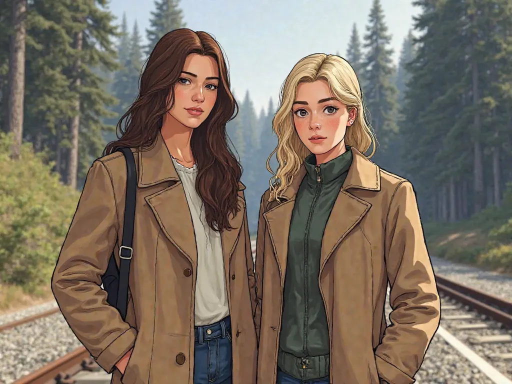  Create an image, where a girl with long brown hair is standing, style images are standing next to a girl with light brown hair. Both girls are wearing a long brown coat. In the background, the track and the forest. GTA 5 style image, Hand-drawn picture .