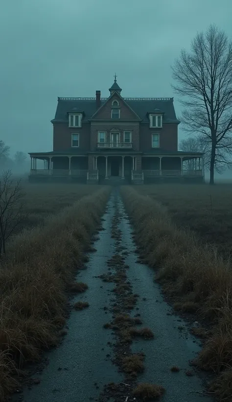 An old hotel lost in the middle of the countryside, under a disturbing dusk light.
