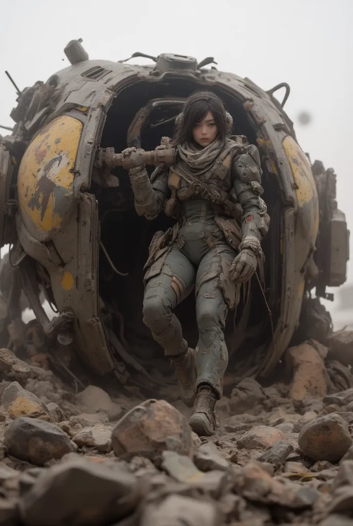  Realistic near future, realistic representation, in the dust, cockpit in the chest of a destroyed robot weapon, beautiful Japanese woman of the Allied Special Forces emerging from the cockpit, damaged combat suit, futuristic headgear, scattered rubble and...