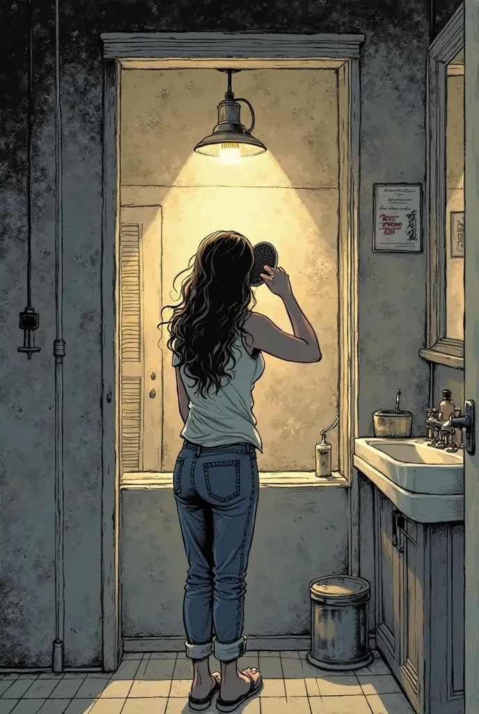 make a graphic simple image make it readable for graphic novel:
Panel 1: Wide shot of a bathroom. A single bare bulb casts long shadows. Anna stands before the mirror, brushing her hair.  (A small thought bubble above her head reads "oh what a beautiful fa...