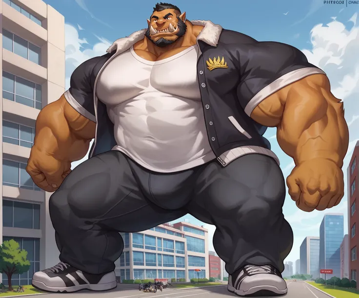 shark orc,  strong , big Strong thick muscle,(  black eyebrows :1.1),(perfect eyes), fur，alone,（athlete:1.3），  stands, sneakers，（  black beard :1.3），（ :1.3, College Jacket , t-shirt, pants) (thick:3.0, ( heavyweight , Strong,Macro, emphasize,  stands next ...