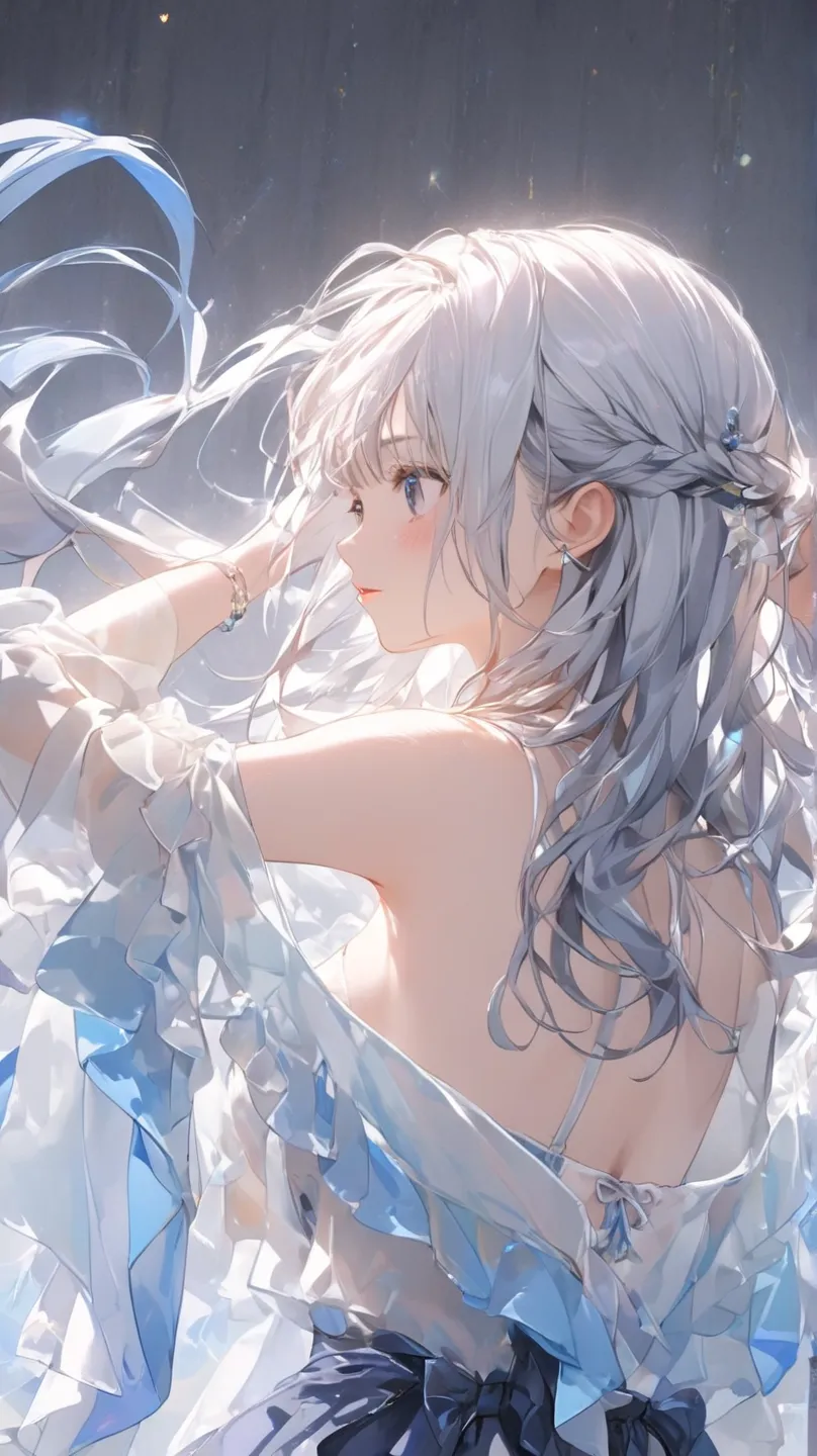 8k, top quality, 걸작,  Unity 8k Wallpaper , (A girl) , 、is cute、(((silver hair with the same background))),(Her hair color is a blue-gray gradient), Medium length beautiful hair beautiful boobs, Summer Fashion、 From behind ,  ashdomine
