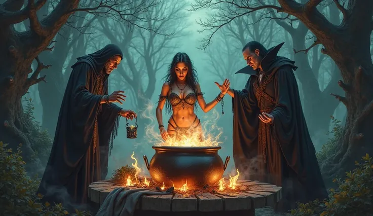 sexy witch with big boobs, ghoul in rags, vampire in a black cloak, they brew a potion in a cauldron on a fire in the dark forest