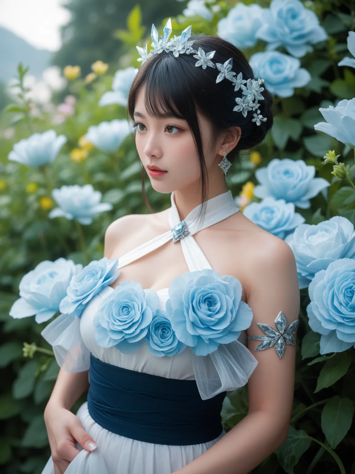 A mysterious and beautiful woman with dark hair and wearing a white hanfu, wrapped in ice crystals and surrounded by delicate flowers. She has a mysterious aura and is illuminated by a mysterious light. This full-body shot showcases the Chinese-style aesth...