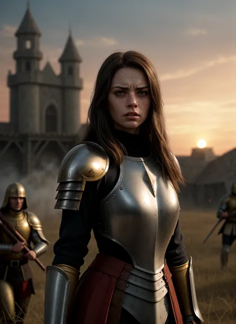 (foreground:1.1) background of an angry female legionary with freckles and long brown hair on a medieval battlefield, Dead warriors in the, detailed skin, Detailed photo, bokeh, 200 mm objective, foreground extremo, extreme shot, Cinematic,  sunset in the ...