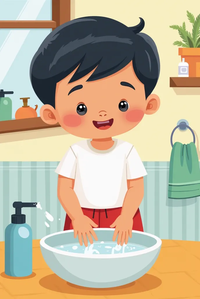 A colorful cartoon illustration of a young boy with short black hair, wearing a white shirt and red shorts, standing and washing his hands at a sink in a bathroom. The scene should be bright, cheerful, and educational, with the boy smiling and the backgrou...