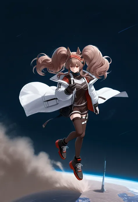 score_9, score_8_up , score_7_up , Angelina \(arknights\), 1girl , long hair, brown hair, twintails, sidelocks, red eyes, fox ears,giantess,woman bigger than Japan,Japan Map,Satellite imagery,,fullbody,Dust cloud, universe background,null,Landing after ju...