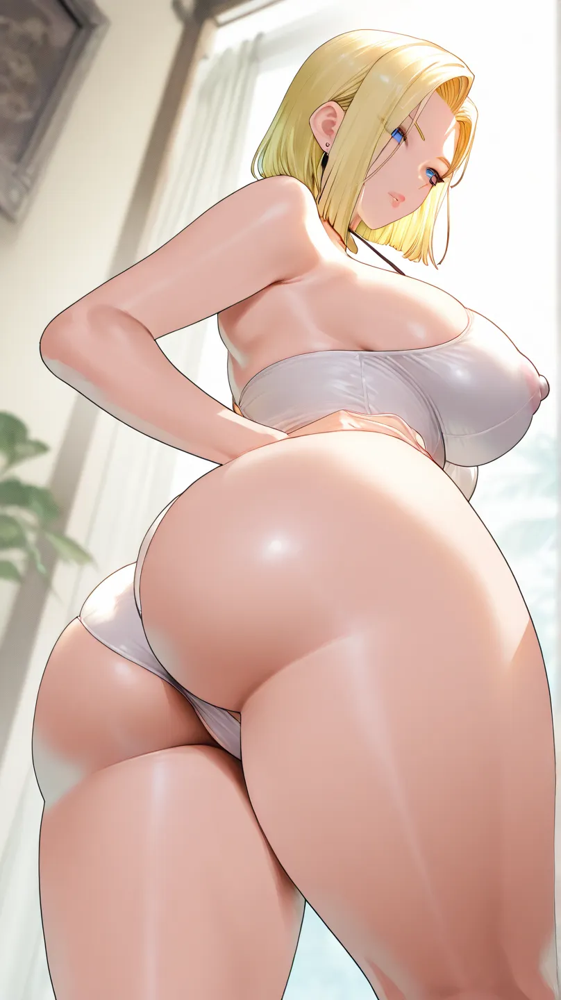 We ,32K、 Limited edition 、 TOP QUALITY、Original Works、Detailed View、 detailed eyes 、detailed face、 detailed lips on the butt 、 alone、beauty、Big Breasts、Dragon Ball characters、 Android 18、 White Bikinis、Black、Stunning Hair   、active、big areolas、stand up、Don...