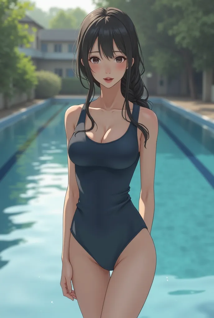 Japanese woman in a school swimsuit, the woman is bright , standing by the pool ,Swimsuit has a simple design、elastic fabric、Fits your body、wearing a dark blue matte swimsuit,The expression is calm,The skin is white and has a smooth texture, splashes rise,...