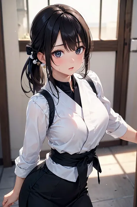  8k resolution,((top quality)),super high resolution, Adult Female, alone,  sexy, (expressionless), (black eyes), beautiful symmetrical face, (long black ponytail hair),Japanese martial arts uniform,black long skirt,realistic:1.4,realistic:1.4,(masterpiece...