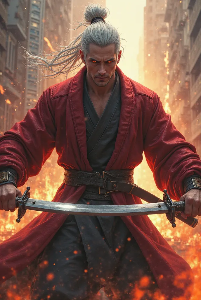 A confident gut with white hair and red eyes, wearing martial arts clothing, spinning 2 nichirin swords in the air which are connected with a chain surrounded by a burning city