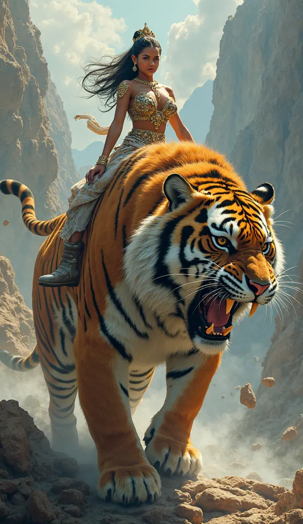 woman riding giant tiger with big teethes. 