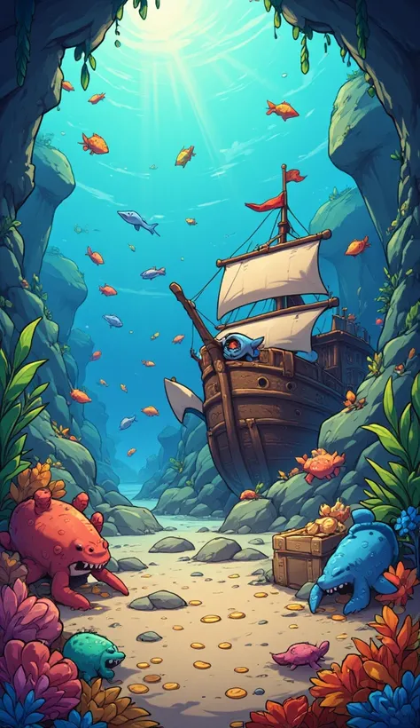 A vibrant, highly detailed underwater cartoon scene filled with a variety of adorable sea creatures in a consistent, cute, and cuddly art style. The setting features a sunken pirate ship with a friendly shark or a deep-sea scuba diver peeking out from a ho...