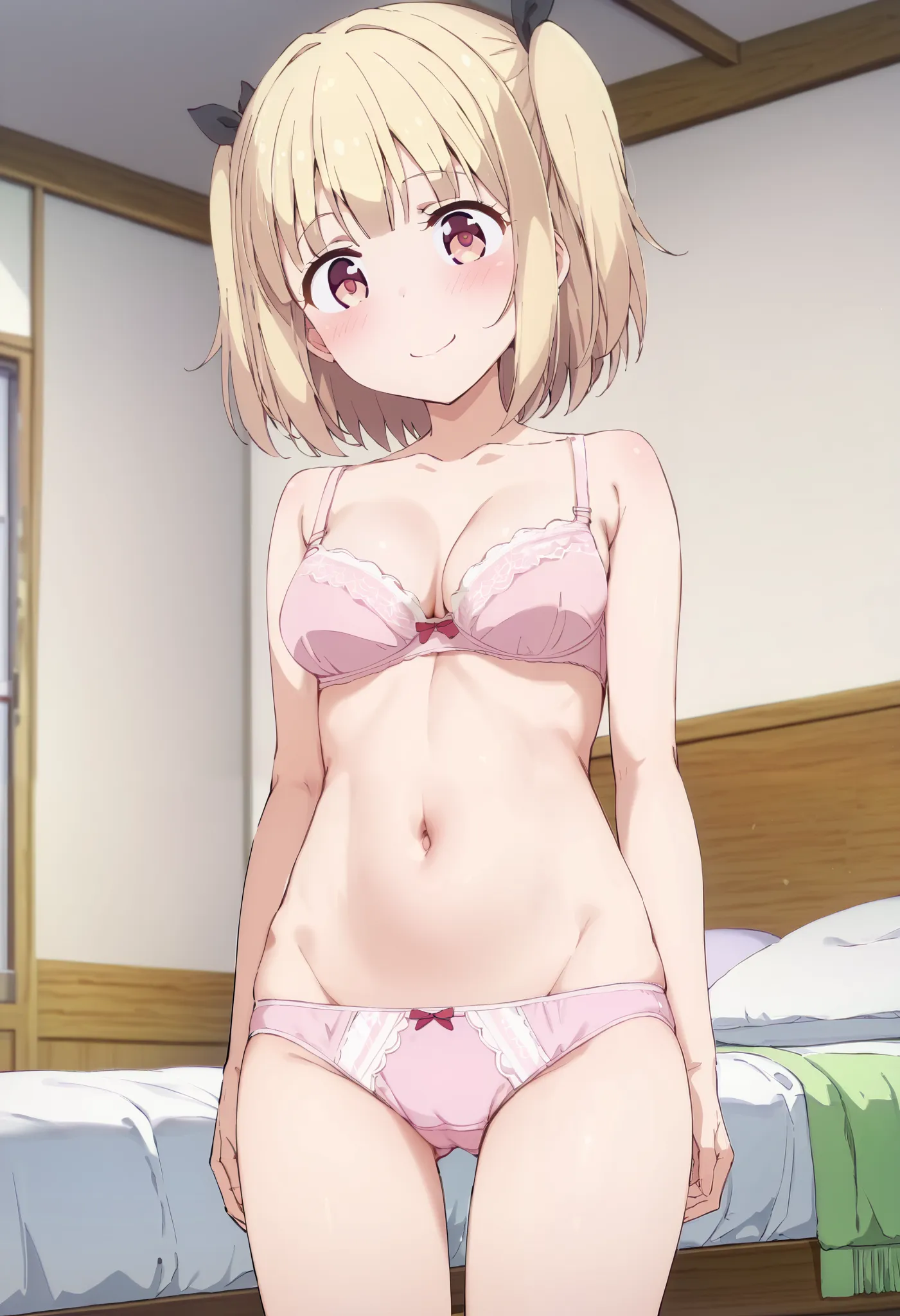 masterpiece, top quality, High Resolution、(blush),(anime illustration style),standing、smile、Iijima Yun、グリーンBra , Braックランジェリー、(レースのunderwear:1.5)、(underwear、panties:1.2)、Bra、closed mouth,underwear、panties、blush,Indoor、bedroom、 bet,(stomach、stomach、naked、nak...