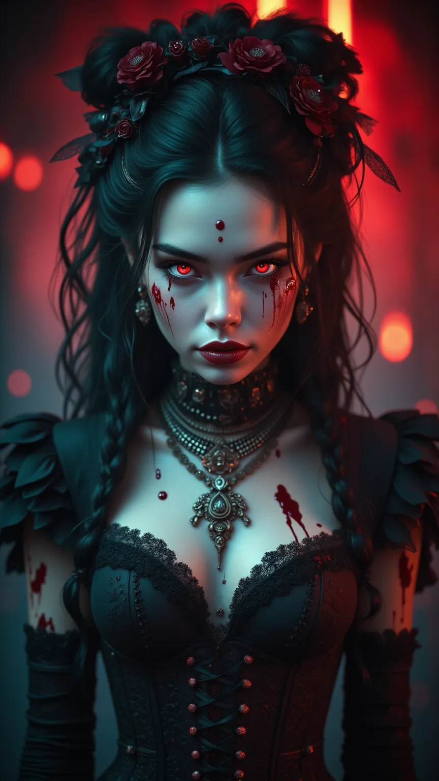 portrait of a young woman with a gothic vibe、pale skin、Sharp features、 melancholy expression、blood dripping from the mouth、bright red eyes、give long dark hair a complicated updo、black and red ribbon and flower decoration、fresh blood splashes on the face, n...