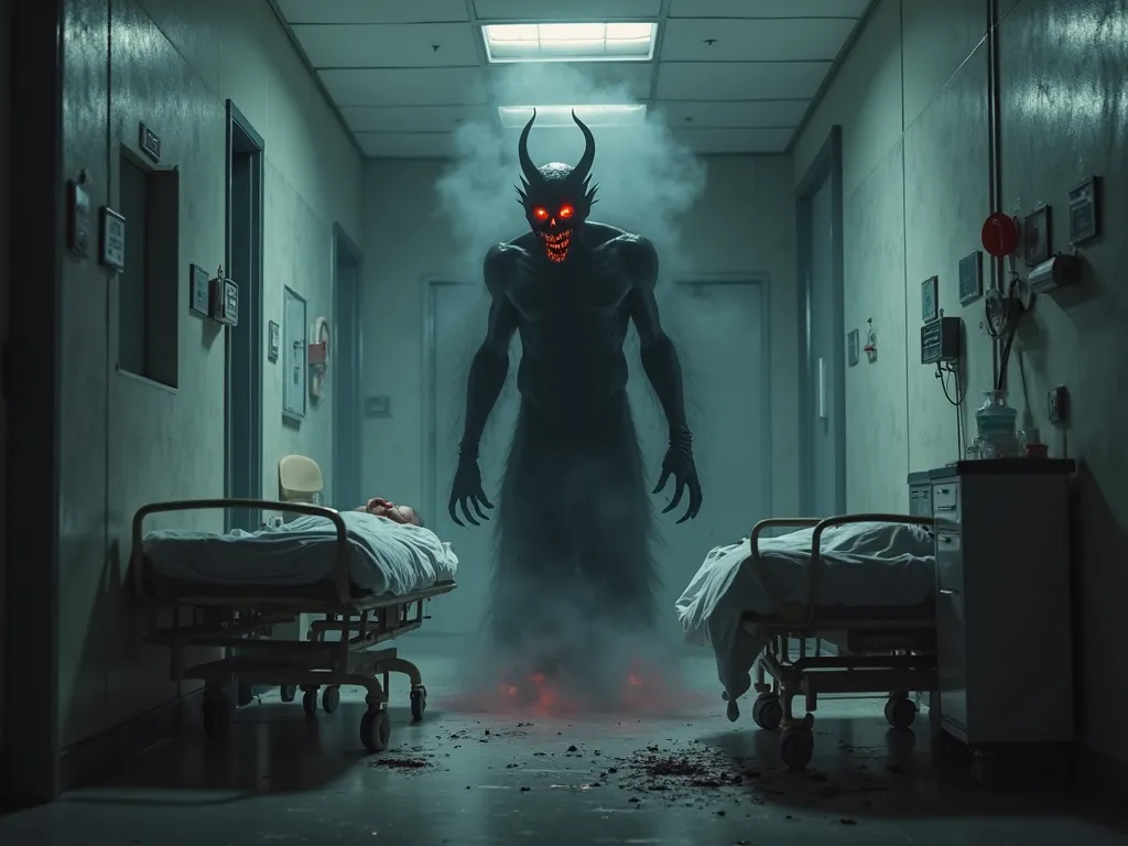 Create a dark and eerie scene of a demonic entity emerging from hell and entering a hospital. The hospital is dimly lit, with sterile white walls and flickering lights. The demonic figure is menacing and shadowy, with fiery red eyes, sharp horns, and a dar...