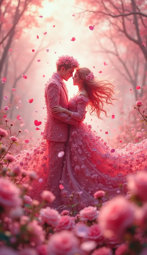 In a magical rose garden, the wind blows and swirls pink rose petals. Caught in a whirlwind of wind, pink rose petals come together to form the ephemeral silhouette of two lovers entwined with infinite tenderness. The silhouettes are composed solely of ros...