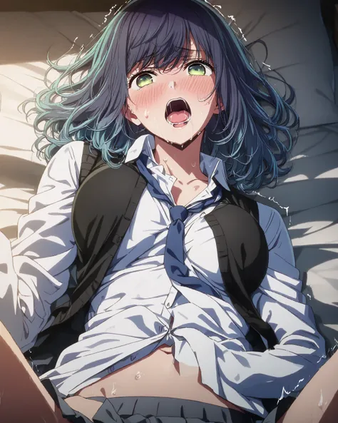 (best quality:1.2, Anime Artwork, Very detailed,  high detail, Digital coloring,  high contrast, masterpiece:1.2,  best quality,  best aesthetics), lighting front, 
(((Akane Kurokawa, bangs, green eyes, blue hair,  Medium Hair, dark  blue hair))), medium B...