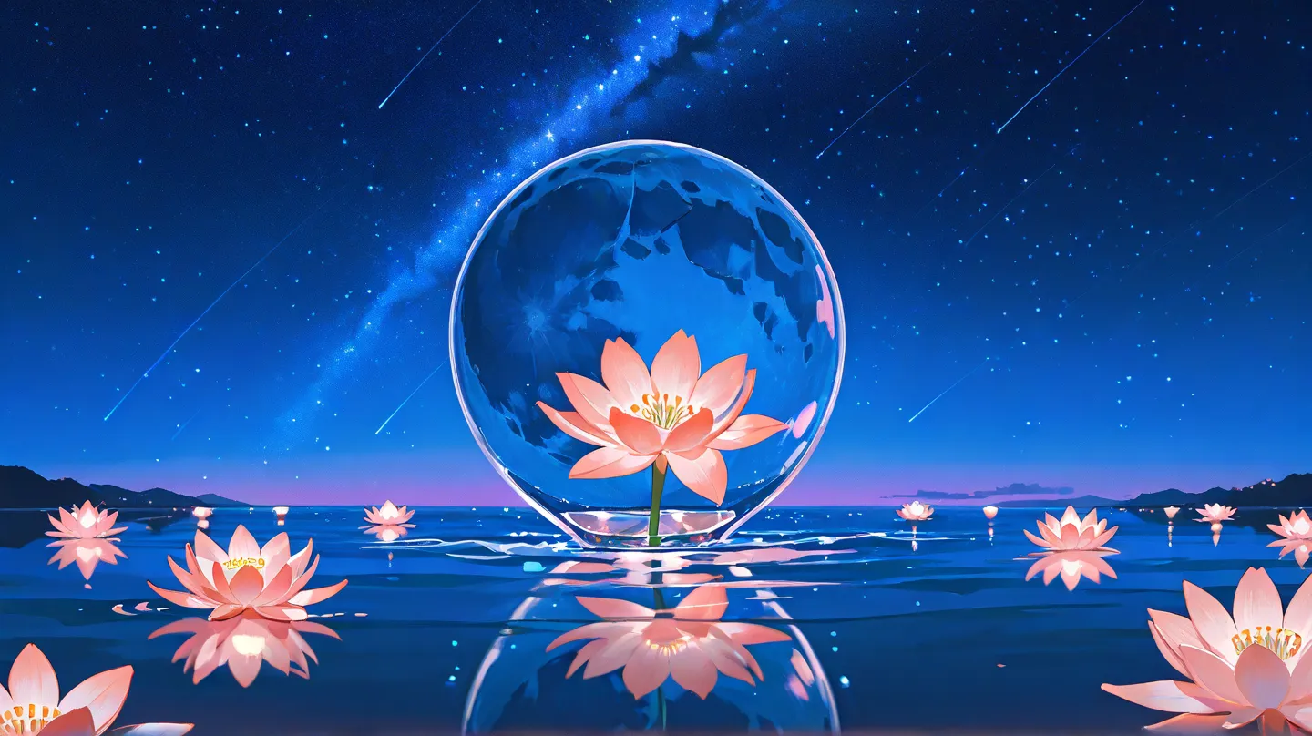 Glass retina, starry sky background, Night, moon, water and circles on the water, lilies, pink orange, purple, blue, blue