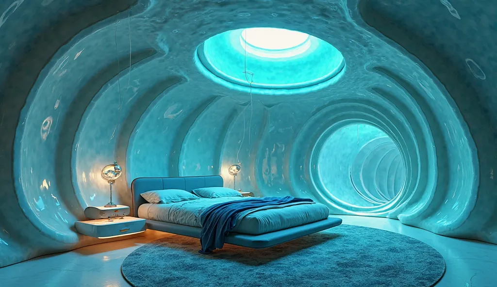 Design a modern bedroom with an immersive, futuristic ambiance inspired by the organic spirals and iridescent blue-green hues of the seashell form. The focal point should be the walls and ceiling, where fluid, curved paneling creates a sculptural, wave-lik...