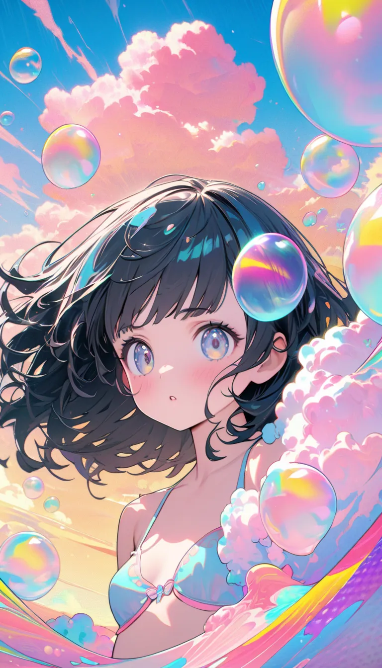 Best Quality, Super Fine, 8k, Incredibly absurd, Very detailed, 2.5D, Beautiful Goddess, Soap bubbles, Pastel colored clouds, Sunshine, Pop Art, Delicate and dynamic, Pastel Color Fantasy, Black Hair, Bobcut, Very young, Small breasts, Official Art