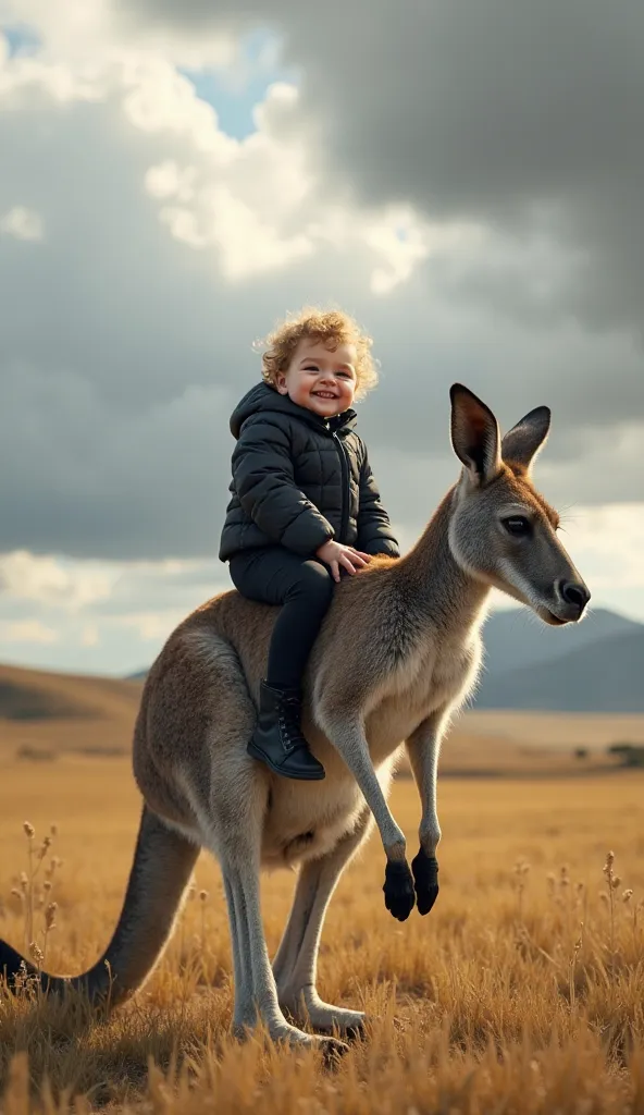 A hyper-realistic image of a joyful baby riding a massive kangaroo in an open grassland. The baby, around two years old, has curly blond hair and rosy cheeks, wearing a black puffer jacket, black pants, and sleek black boots. The baby’s face beams with exc...