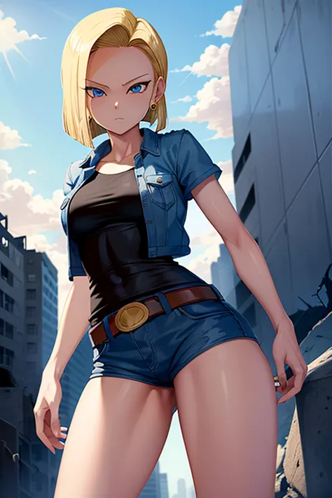 is tall　and18,  1girl ,  Android 18, Alone, blonde hair, blue eyes, t-shirt　mini jacket　denim shorts　City in Ruins　 Ruined World　tentacles　Feels good