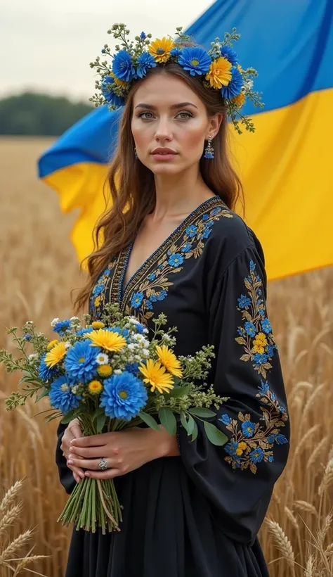 A beautiful Ukrainian woman with a perfect face, makeup, in a long black dress with long sleeves with embroidery of blue, yellow, blue-yellow flower wreath on the head. He holds a bouquet of field flowers in his hands. Behind her a yellow-blue flag unfolde...