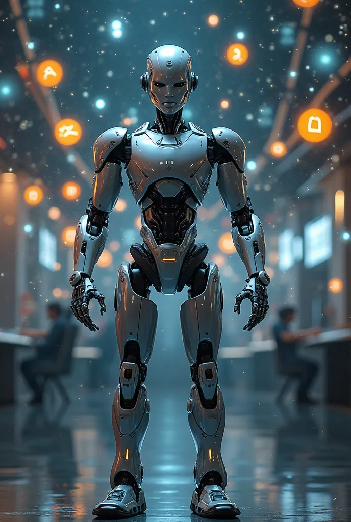 A professional LinkedIn profile photo of a confident  robot artist surrounded by floating AI icons, cinematic lighting, 8k resolution, photorealistic  