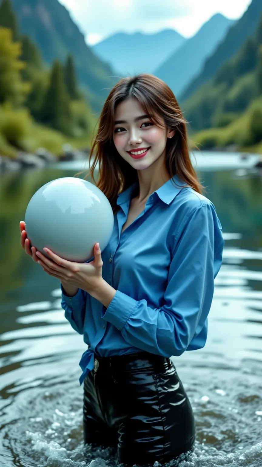 (((big boobs,slim body,female),(smiling),( blue shirt, Black Pants ))),Entering the water in the valley and playing with a big ball,realistic on the hand,Scene photo,4K,HDR,very detailed,Professional ,vibrant colors, deep focus ,Natural lighting,landscape