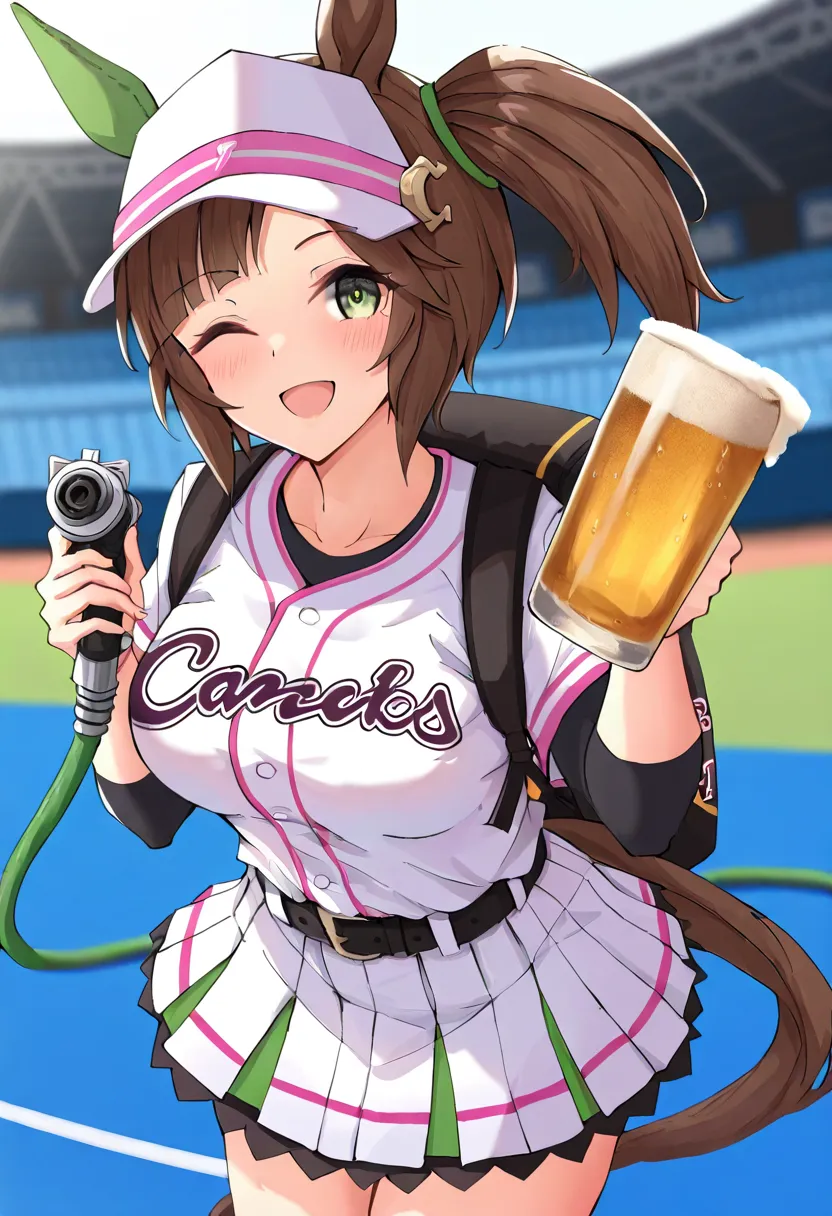 1girl , ines fujin \(umamusume\) , adapted costume , uriko \(baseball\) , visor cap , baseball uniform , cheer leading skirt , beer container backpack , hose connected nozzle , holding mechanical nozzle , beer in disposable cup , holding cup , smile , wink...