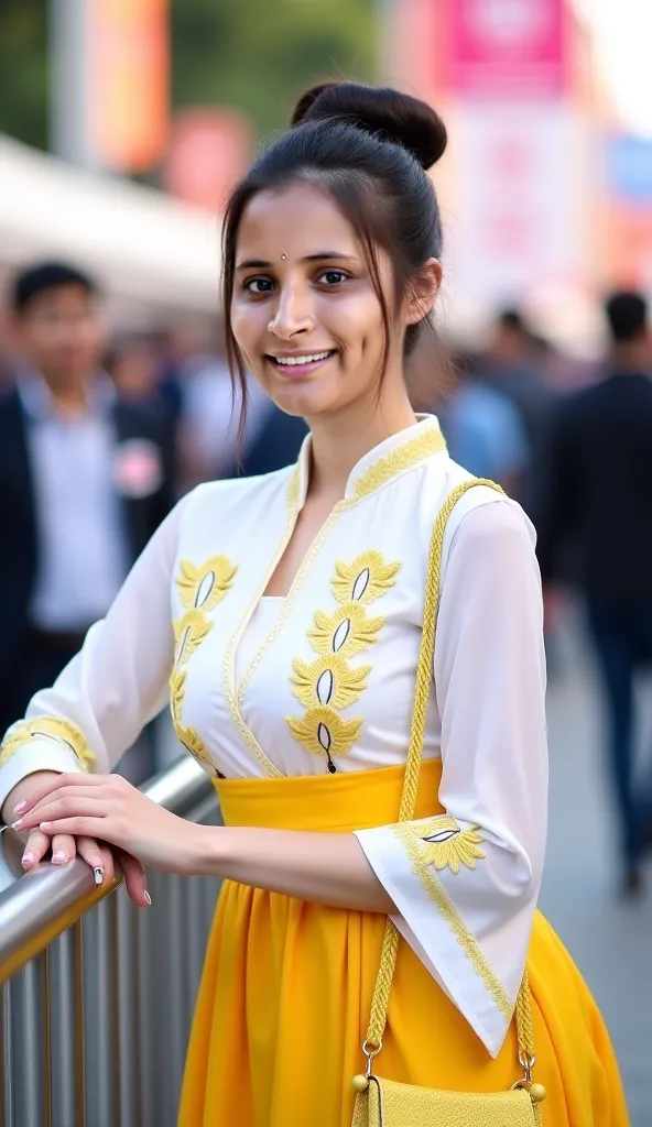 "A young woman with a fair complexion and a high bun hairstyle, wearing a stylish white and yellow traditional dress with intricate embroidery. She is leaning casually on a metal railing with a soft smile on her face. She carries a trendy yellow handbag, a...