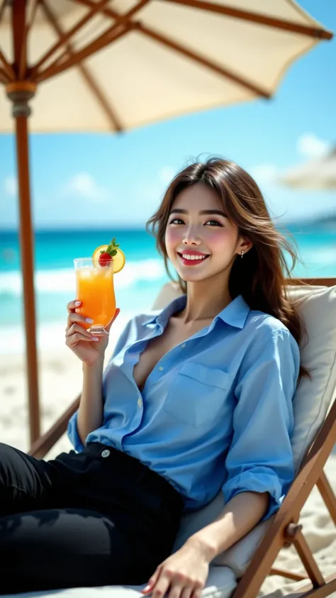 (((big boobs,slim body,female),(Smiling),( blue shirt, Black Pants ))),Lying on a parasol chair and holding a cocktail in hand,Sunny beach bestquality,4K,8k,highresolution,masterpiece,ultradetailed,realistic,photorealistic,photorealistic,hdr,UHD,studioligh...