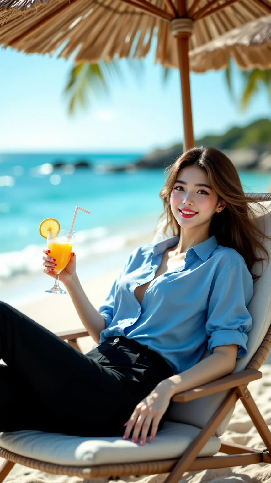 (((big boobs,slim body,female),(Smiling),( blue shirt, Black Pants ))),Lying on a parasol chair and holding a cocktail in hand,Sunny beach bestquality,4K,8k,highresolution,masterpiece,ultradetailed,realistic,photorealistic,photorealistic,hdr,UHD,studioligh...