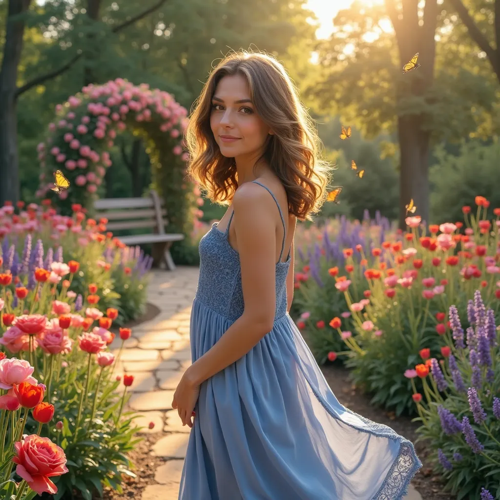 A 24-year-old woman with shoulder-length chestnut brown hair and hazel eyes, standing gracefully in a vibrant flower garden during the golden hour. She wears a flowing blue sundress that catches the gentle breeze, with delicate lace details at the hem. Her...