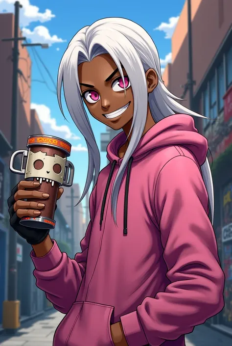 dark-skinned boy with long white hair ,a pink sweatshirt,a cylinder with a face made of cloth and holding the brass knuckles, , trigger anime artstyle , [[[[grinning evily]]]], Portrait of ((mischievous)), , Male anime character, young man animates, ispira...