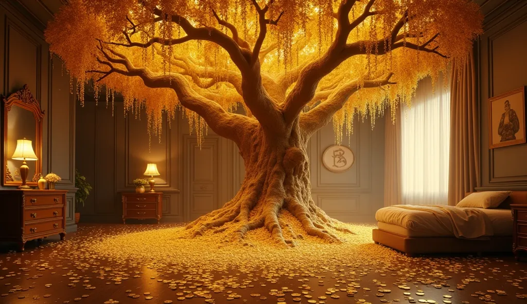 A large gold tree in the bedroom of gold coins filled with gold coins raining thousands and millions of gold coins
Ultra-realistic