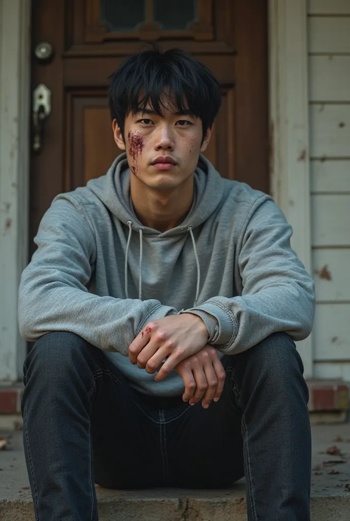 Japanese, 18 years old, Wearing a grey sweatshirt, black jeans, drops of blood on his clothes, scratches and cuts on his face, scratches on hands, sitting on the steps of the porch of a house. an American is sitting nearby, adult 30 years old ,a man in a T...